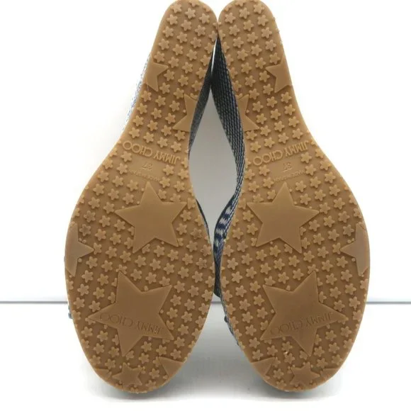 JIMMY CHOO PERFUME CRISSCROSS PLATFORM WEDGE SANDALS BLUE WOVEN RAFFIA SIZE 37 - Picture 10 of 11